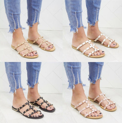 WOMENS LADIES FLAT STUD STRAPPY DETAIL SUMMER MULES FLIP FLOP SANDALS SHOES SIZE