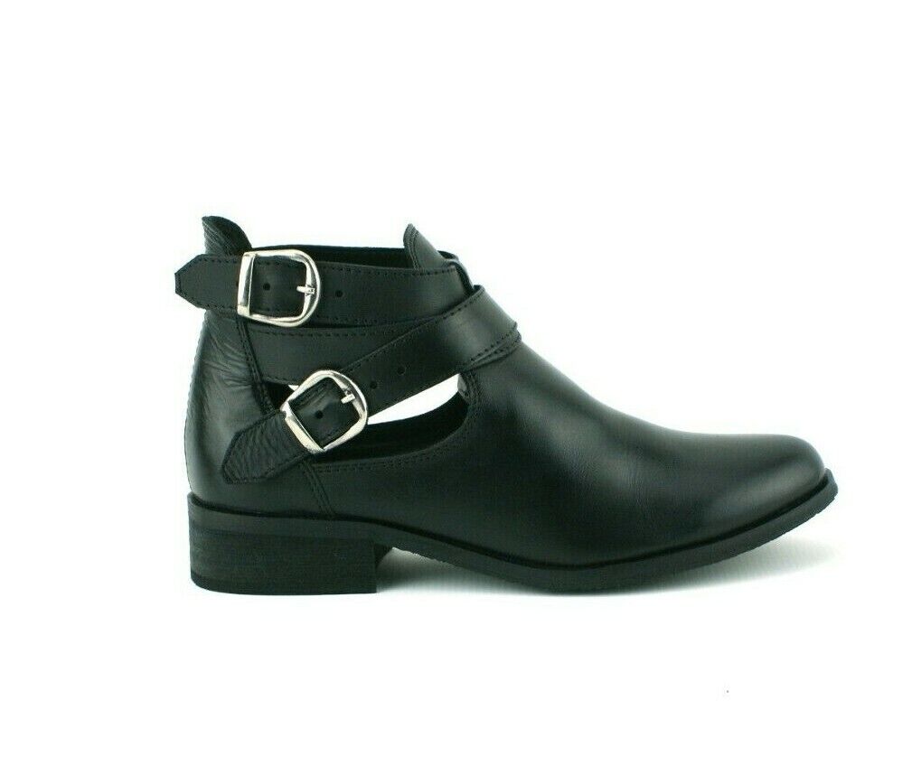 WOMENS LADIES BLACK REAL LEATHER FLAT HEEL CHELSEA ELASTICATED ANKLE BOOTS SIZE