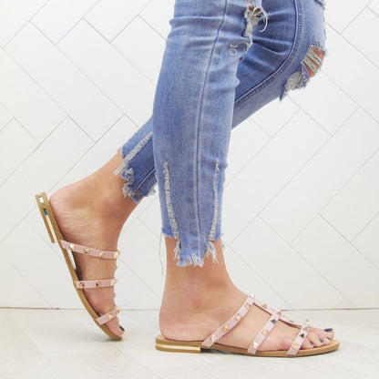 WOMENS LADIES FLAT STUD STRAPPY DETAIL SUMMER MULES FLIP FLOP SANDALS SHOES SIZE