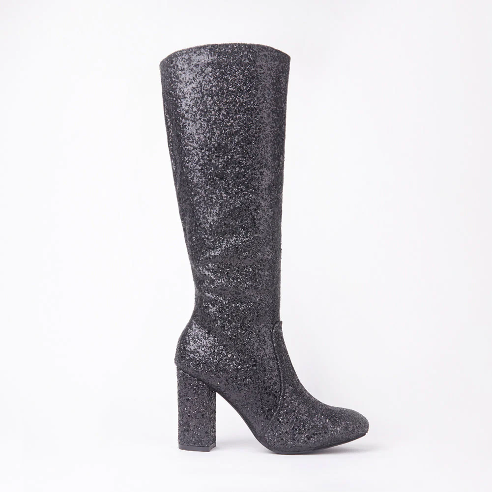India Glitter Knee High Block Heel Boots