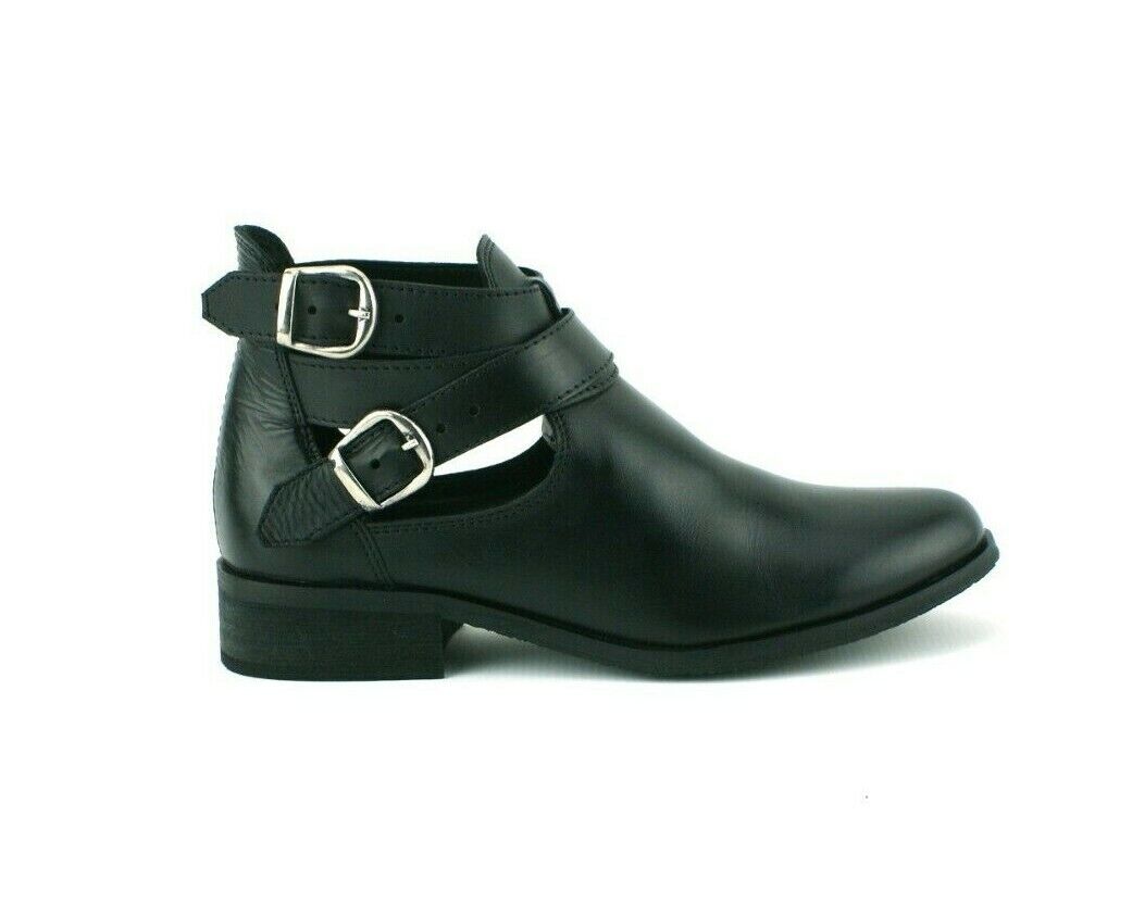 WOMENS LADIES BLACK REAL LEATHER FLAT HEEL CHELSEA ELASTICATED ANKLE BOOTS SIZE