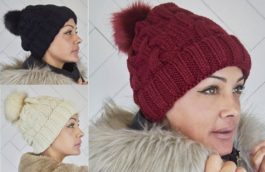 WOMENS LADIES FAUX FUR BEANIE POM POM WINTER HAT FREE POSTAGE 