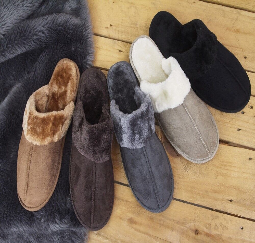 Mens Genuine Faux Fur Sheepskin Slippers Mules Non Slip Hard Sole