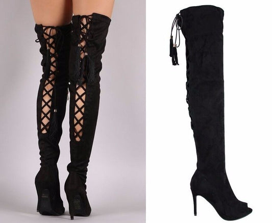 LADIES WOMENS OVER THE KNEE BLACK BOOTS HIGH HEEL PEEP TOE THIGH HIGH SHOES SIZE