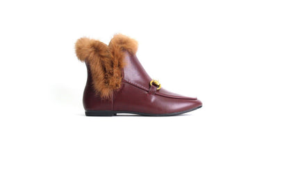 LADIES WOMENS VINTAGE RETRO FLAT FAUX FUR COLLAR ANKLE LOAFER BOOTS SHOES SIZE 