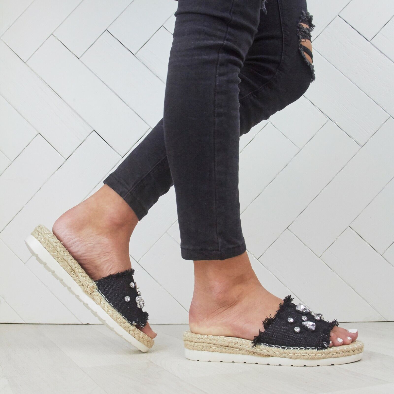 LADIES WOMENS FLAT ESPADRILLE SLIP ON DENIM DIAMANTE EMBELLISHED MULE SANDALS 