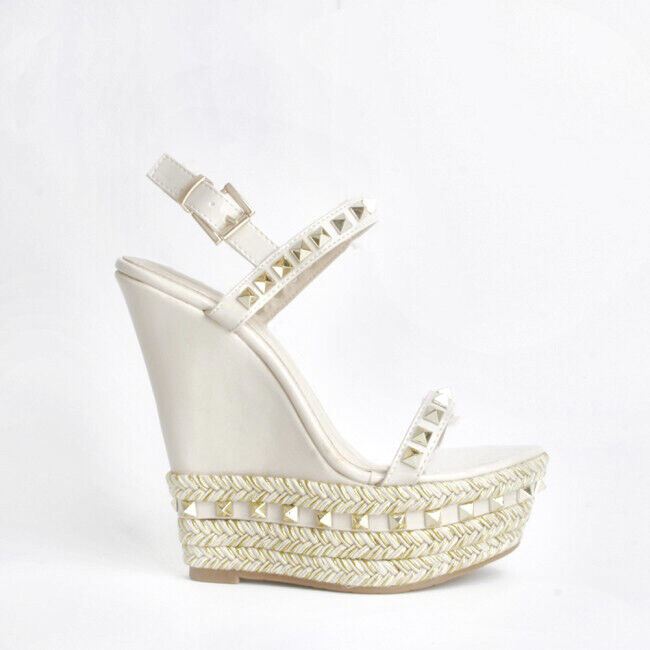 LADIES WOMENS STUD DETAIL PLATFORM WEDGE PEEP TOE SUMMER ESPADRILL SANDALS SHOES