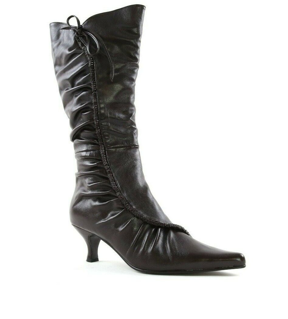LADIES WOMENS LOW HEEL FRILL DETAIL FAUX LEATHER ZIP UP KNEE BOOTS SHOES SIZE