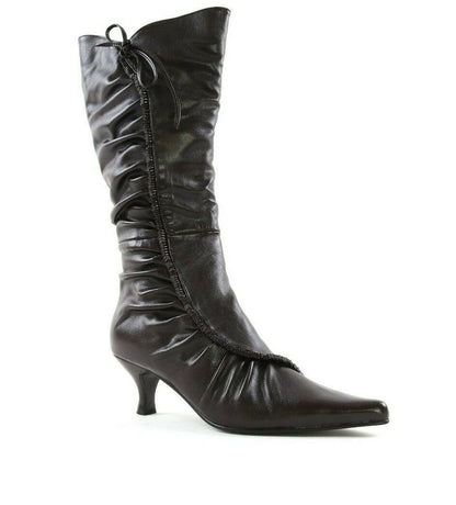 LADIES WOMENS LOW HEEL FRILL DETAIL FAUX LEATHER ZIP UP KNEE BOOTS SHOES SIZE