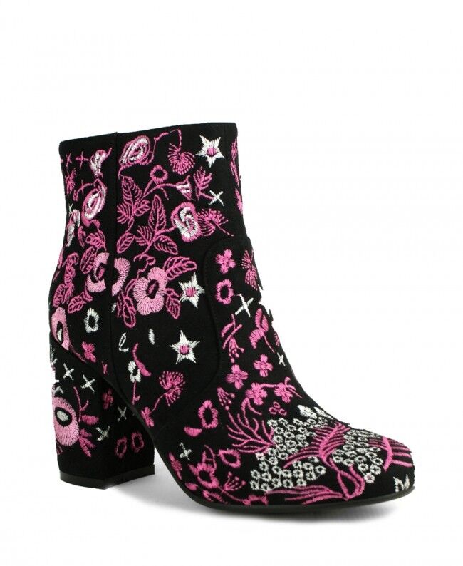 LADIES WOMENS FLORAL EMBROIDED BLACK SUEDE BLOCK HEEL RETRO ANKLE BOOTS SIZE