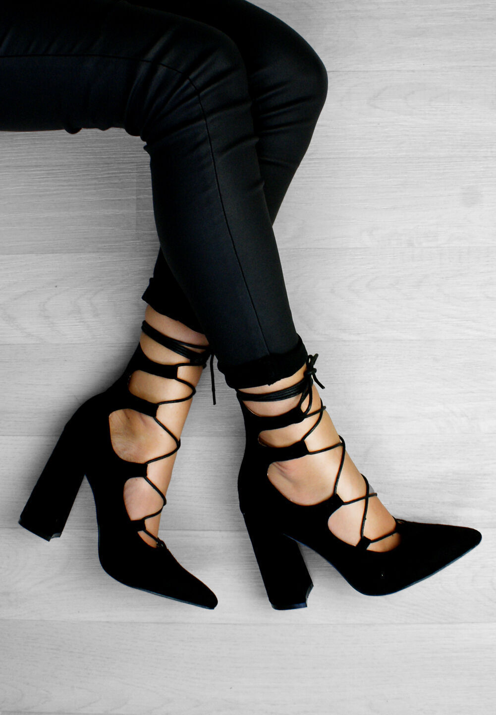 Lace Detail Block Heel Faux Suede Court Shoe