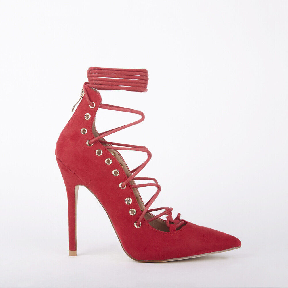 LADIES WOMENS STILLETTO HEEL POINTED TOE ANKLE LACE FAUX SUEDE COURT SHOES SIZE
