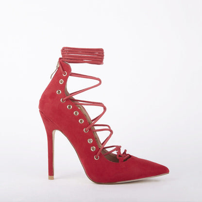 LADIES WOMENS STILLETTO HEEL POINTED TOE ANKLE LACE FAUX SUEDE COURT SHOES SIZE