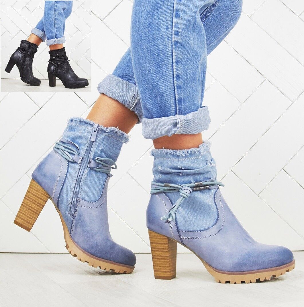 WOMENS LADIES BLOCK HEEL ANKLE DENIM DESIGN FASHION GRIP SOLE BOOTS SHOES SIZE