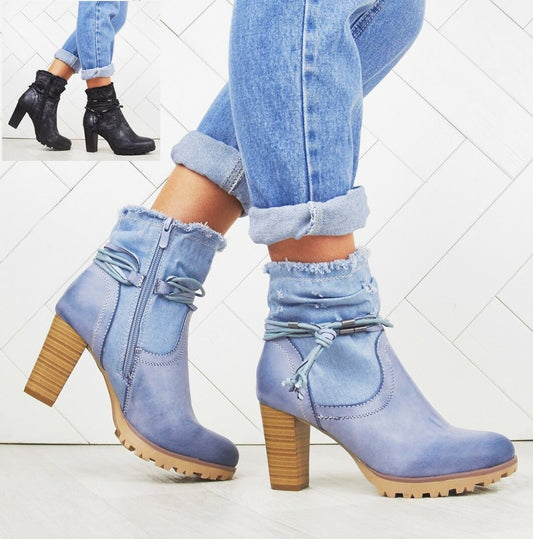 WOMENS LADIES BLOCK HEEL ANKLE DENIM DESIGN FASHION GRIP SOLE BOOTS SHOES SIZE
