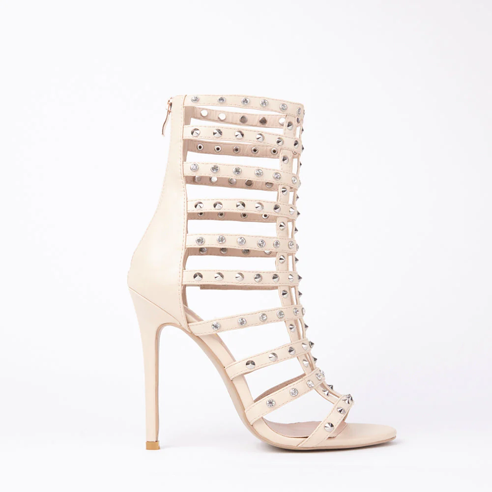 Tammy Stud Caged Heeled Sandals With Diamante Detail
