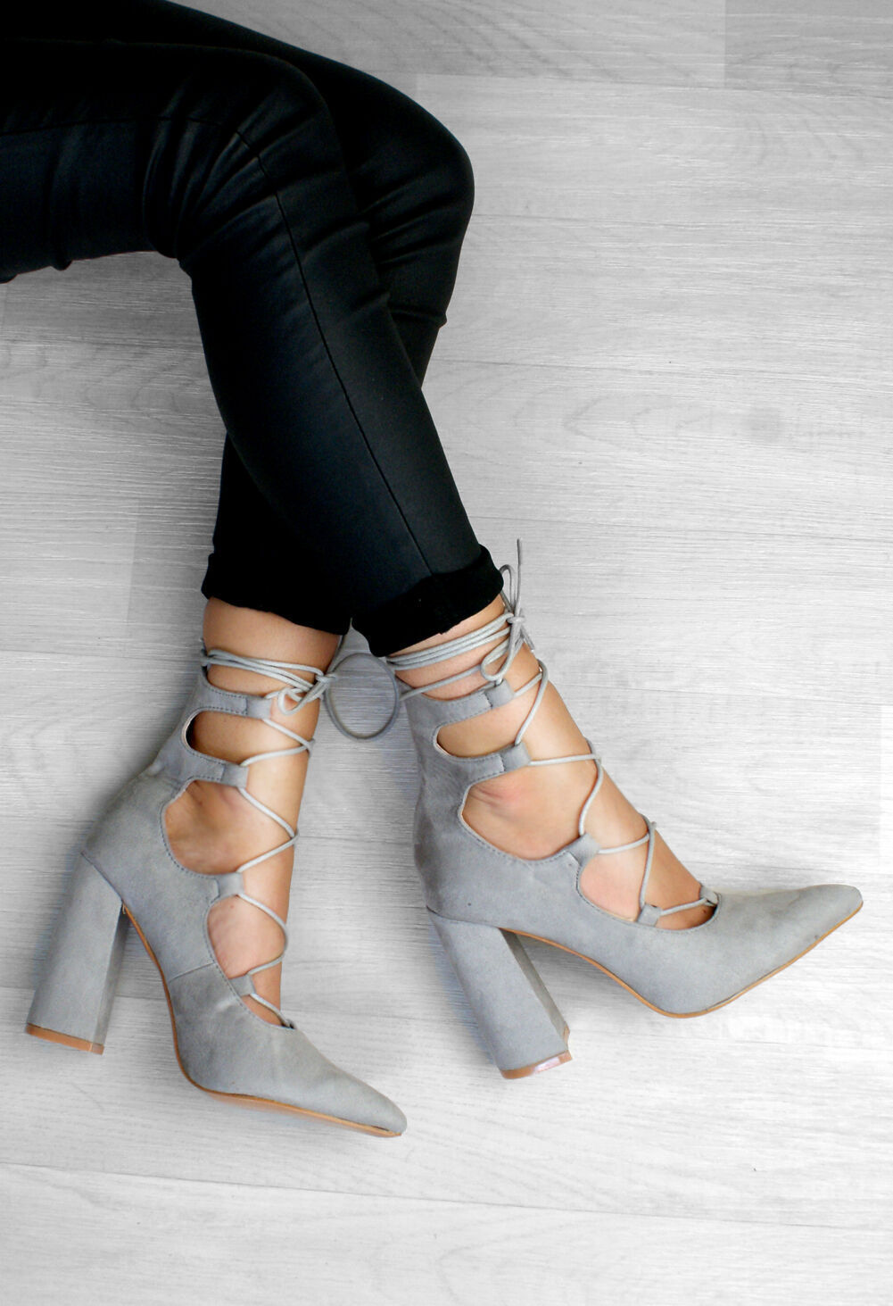 Lace Detail Block Heel Faux Suede Court Shoe