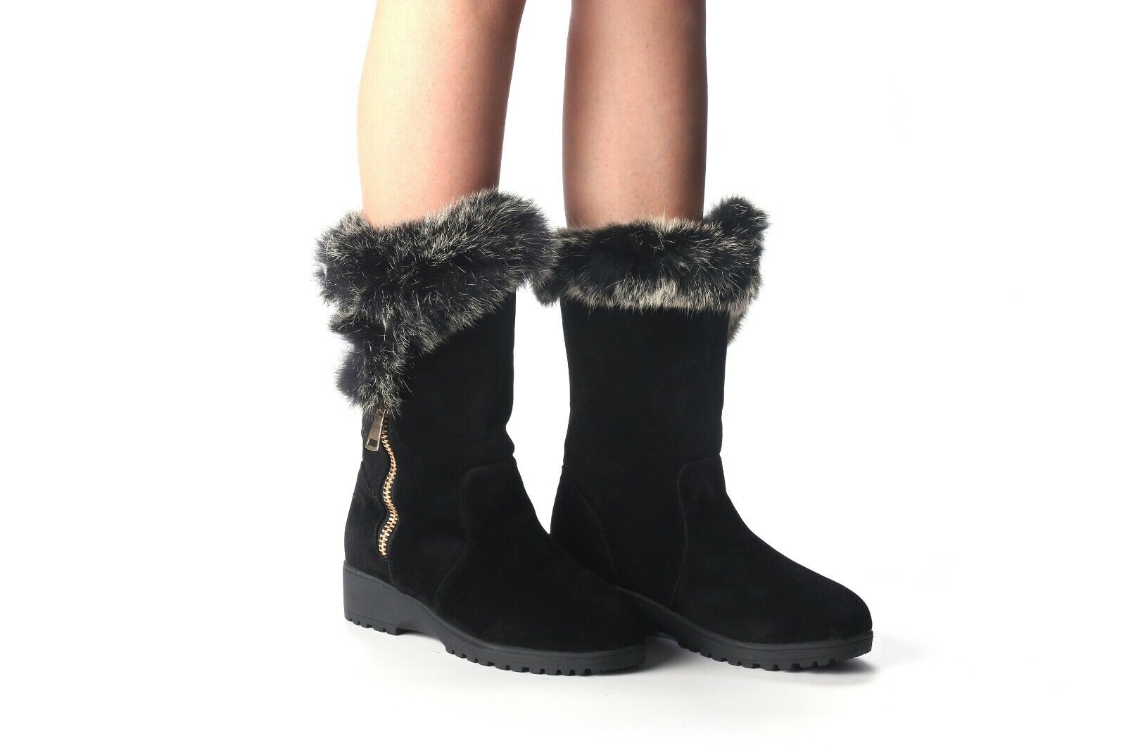 LADIES WOMENS LOW WEDGE FLEECE LINED FAUX SUEDE ZIP WINTER WARM FUR BOOTS SHOES