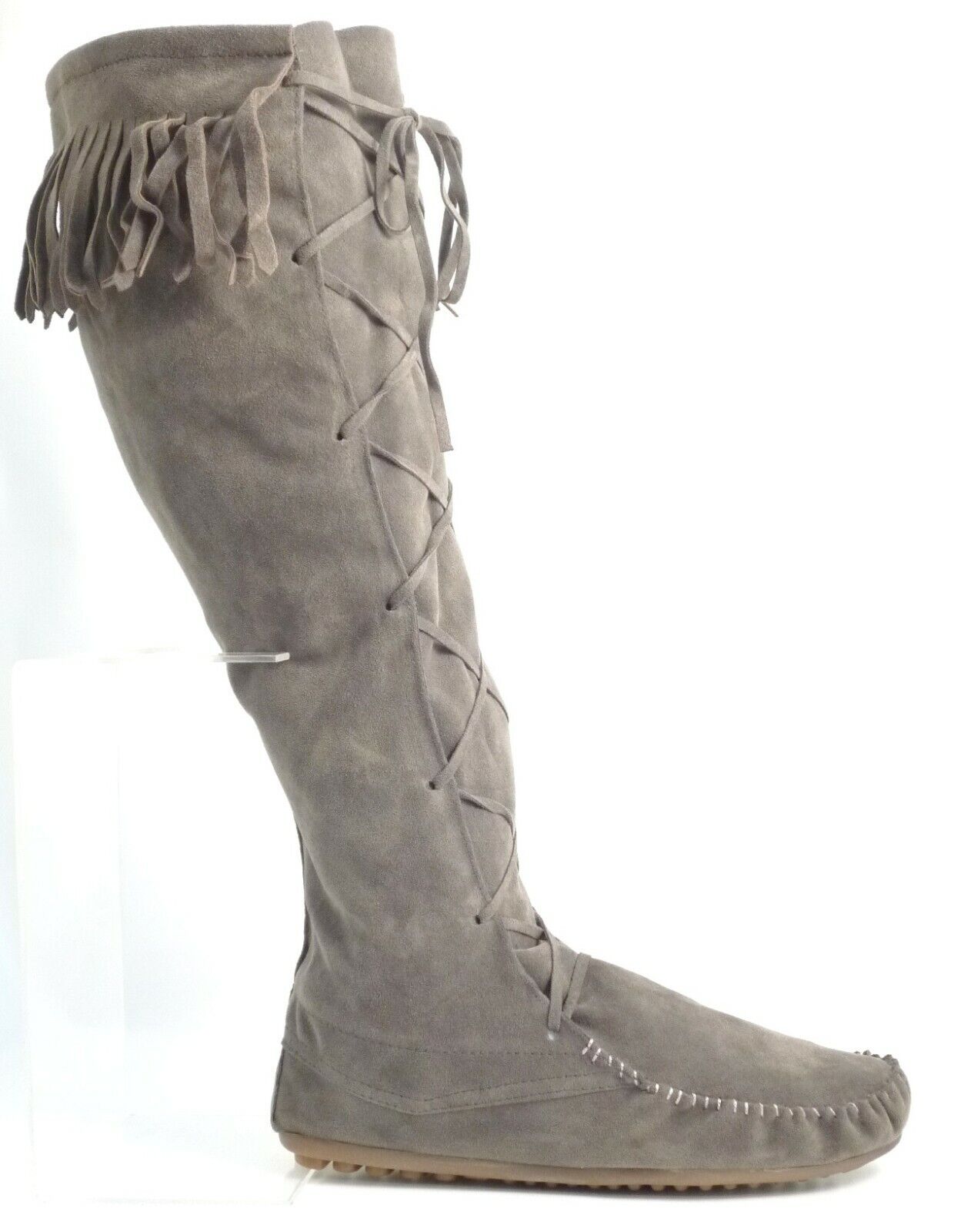 LADIES WOMENS FLAT BOHO MUKLAK FRINGE FAUX SUEDE PULL ON KNEE BOOTS SHOES SIZE 