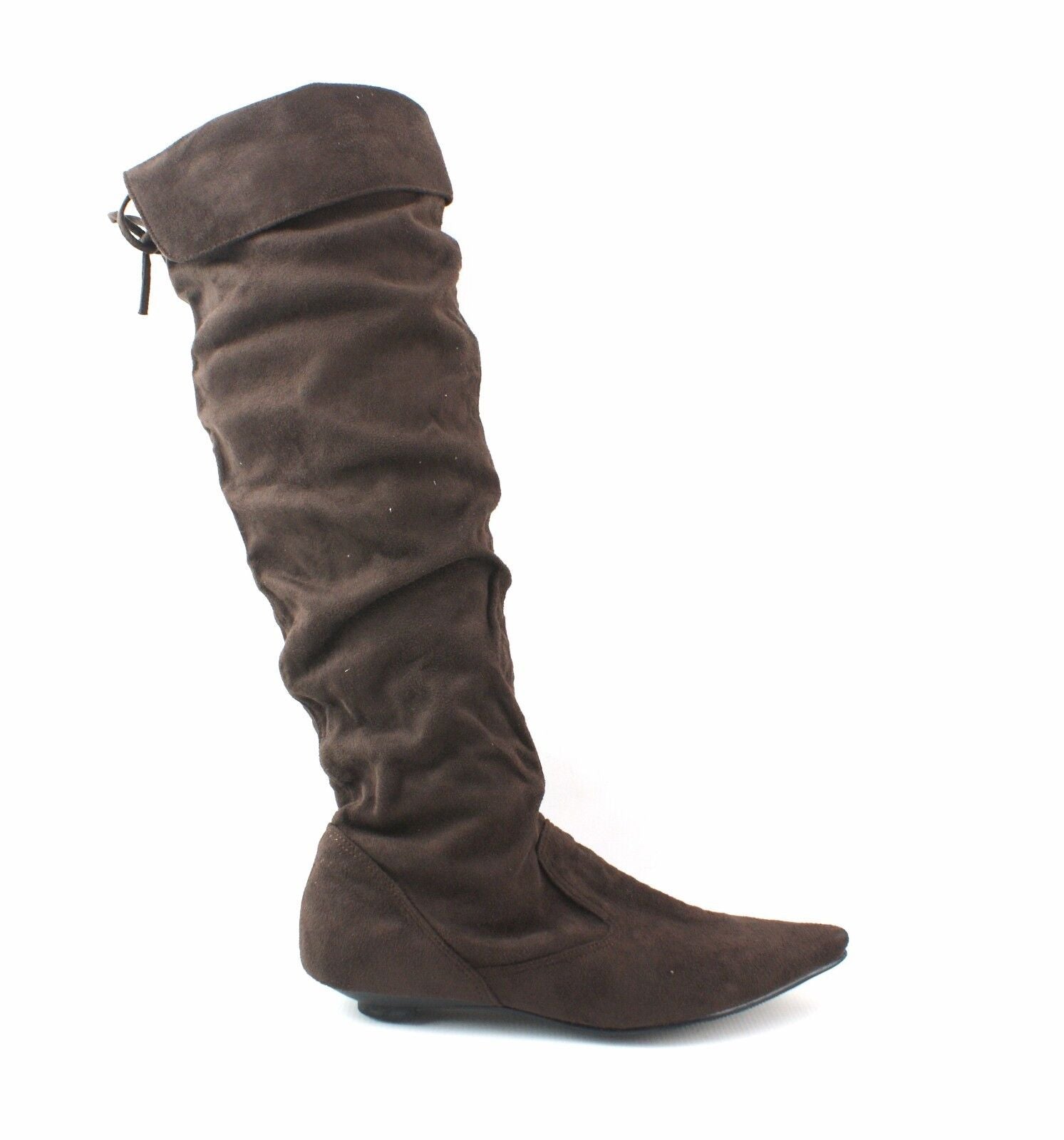LADIES WOMENS SUEDE KNEE BOOTS LOW FLAT HEEL PULL ON PIRATE STYLE SHOES SIZE 