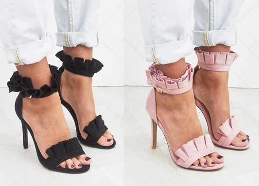 LADIES WOMENS FRILL DETAIL HIGH HEEL STILLETTO OPEN PEEP TOE SANDALS SHOES SIZE 
