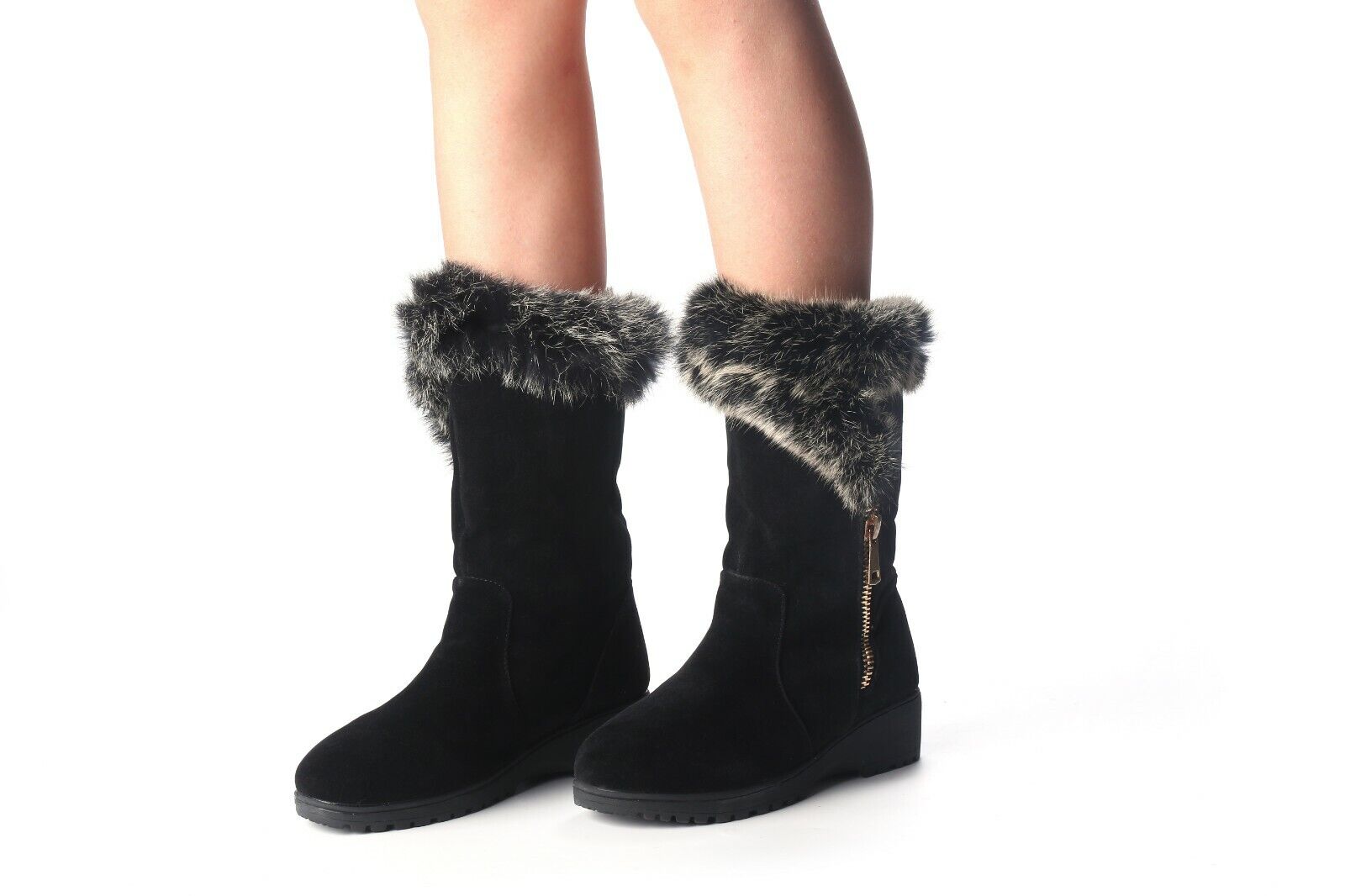 LADIES WOMENS LOW WEDGE FLEECE LINED FAUX SUEDE ZIP WINTER WARM FUR BOOTS SHOES