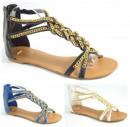 LADIES WOMENS BNIB GOLD CHAIN DETAIL GLADIATOR SUMMER SANDALS - SIZES 3 - 8 