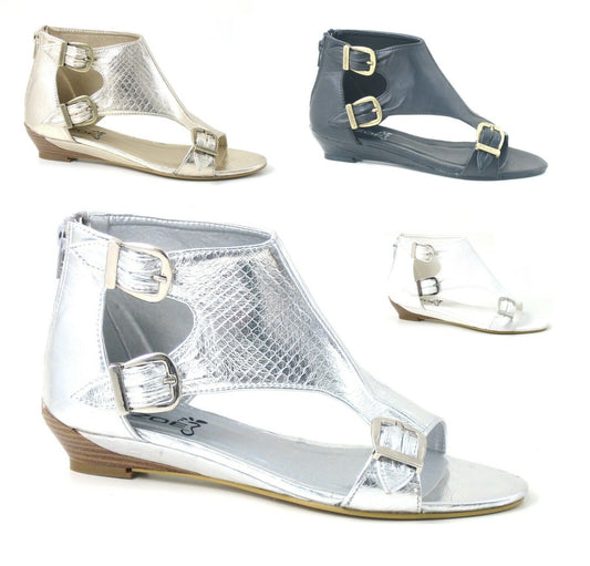 LADIES WOMENS LOW WEDGE BACK ZIP PEEP TOE SUMMER BEACH CUT OUT BUCKLE SANDALS 