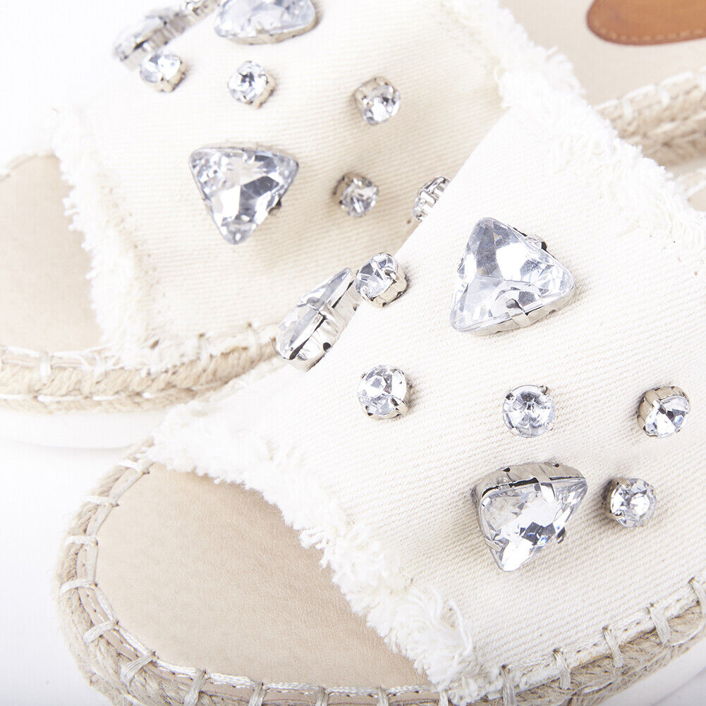 LADIES WOMENS FLAT ESPADRILLE SLIP ON DENIM DIAMANTE EMBELLISHED MULE SANDALS 