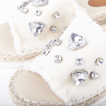 LADIES WOMENS FLAT ESPADRILLE SLIP ON DENIM DIAMANTE EMBELLISHED MULE SANDALS 