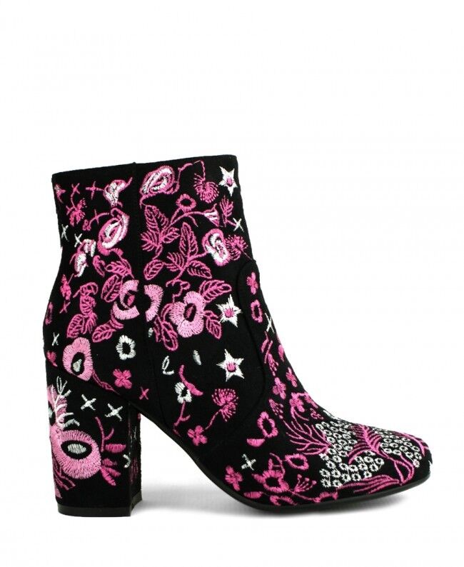 LADIES WOMENS FLORAL EMBROIDED BLACK SUEDE BLOCK HEEL RETRO ANKLE BOOTS SIZE