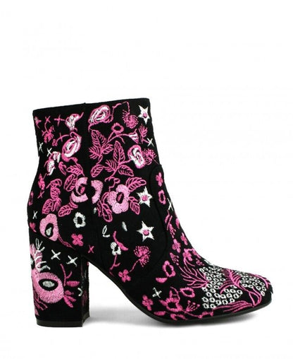 LADIES WOMENS FLORAL EMBROIDED BLACK SUEDE BLOCK HEEL RETRO ANKLE BOOTS SIZE