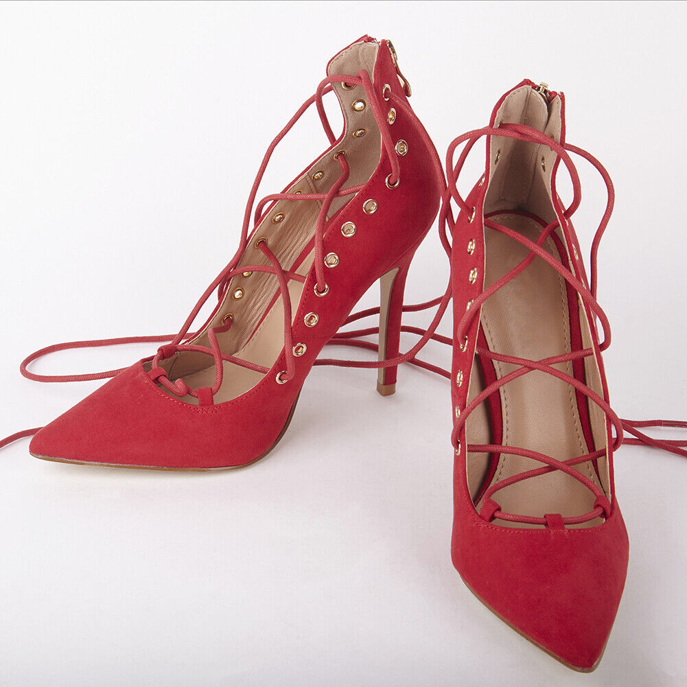 LADIES WOMENS STILLETTO HEEL POINTED TOE ANKLE LACE FAUX SUEDE COURT SHOES SIZE