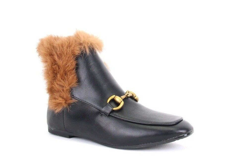 LADIES WOMENS VINTAGE RETRO FLAT FAUX FUR COLLAR ANKLE LOAFER BOOTS SHOES SIZE 