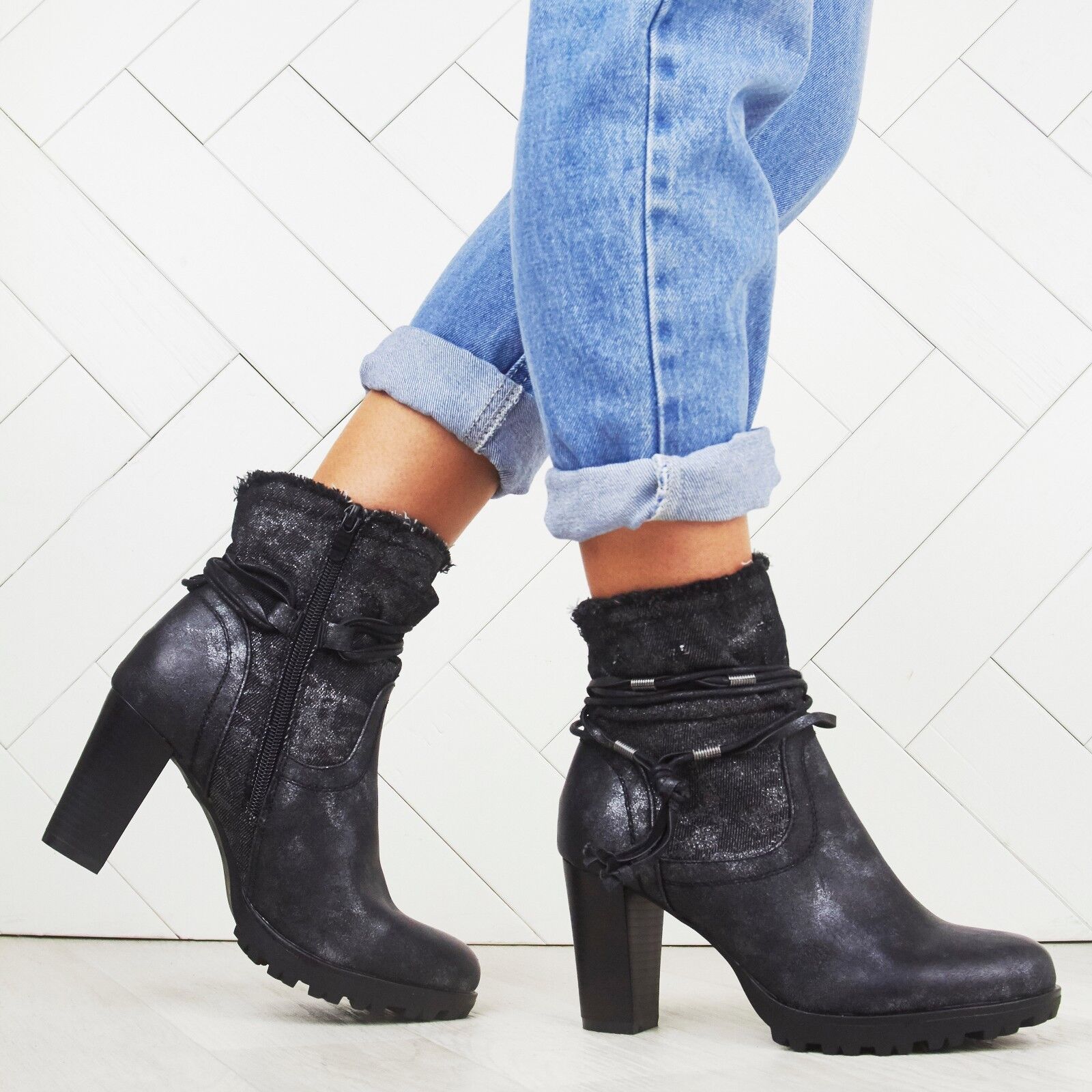 WOMENS LADIES BLOCK HEEL ANKLE DENIM DESIGN FASHION GRIP SOLE BOOTS SHOES SIZE