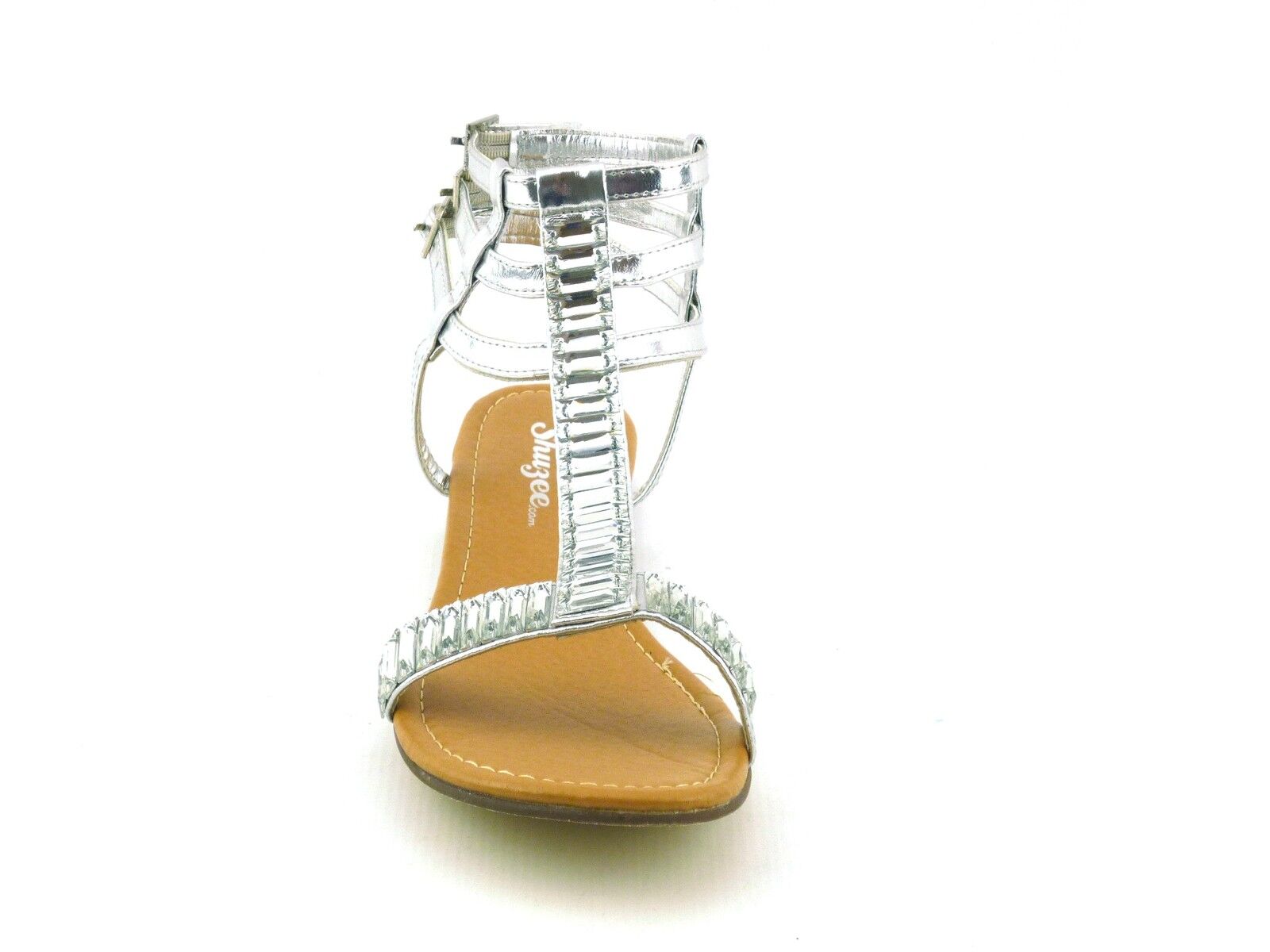 WOMENS LADIES NEW FLAT HEEL DIAMANTE CRYSTAL GLADIATOR SUMMER SANDALS SHOES SIZE