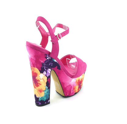 LADIES WOMENS PEEP TOE BLOCK HEEL FLORAL PRINT SUMMER EVENING SANDALS SHOES SIZE