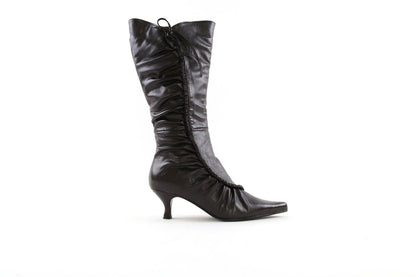 LADIES WOMENS LOW HEEL FRILL DETAIL FAUX LEATHER ZIP UP KNEE BOOTS SHOES SIZE