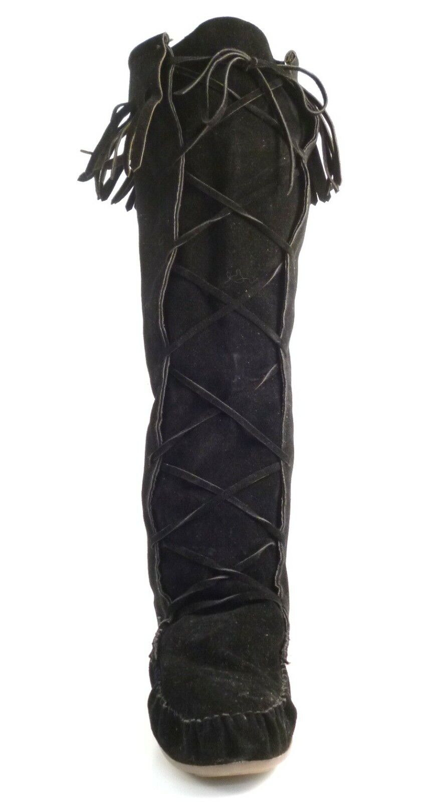 LADIES WOMENS FLAT BOHO MUKLAK FRINGE FAUX SUEDE PULL ON KNEE BOOTS SHOES SIZE 