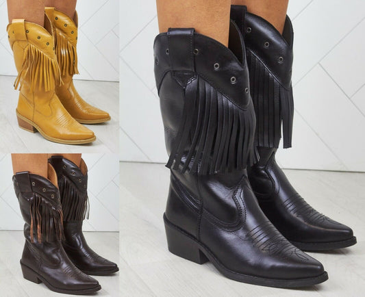 WOMENS LADIES REAL LEATHER COWBOY WESTERN STYLE ANKLE FRINGE BOOTS SHOES SIZE