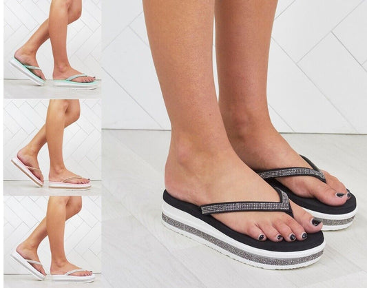 LADIES LOW WEDGE DIAMANTE TOE POST MEMORY FOAM FLIP FLOP SANDALS