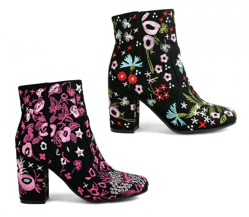 LADIES WOMENS FLORAL EMBROIDED BLACK SUEDE BLOCK HEEL RETRO ANKLE BOOTS SIZE