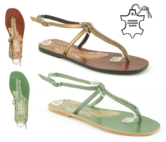 LADIES WOMENS NEW REAL LEATHER FLAT GLADIATOR SUMMER THONG SANDALS SHOES SIZE