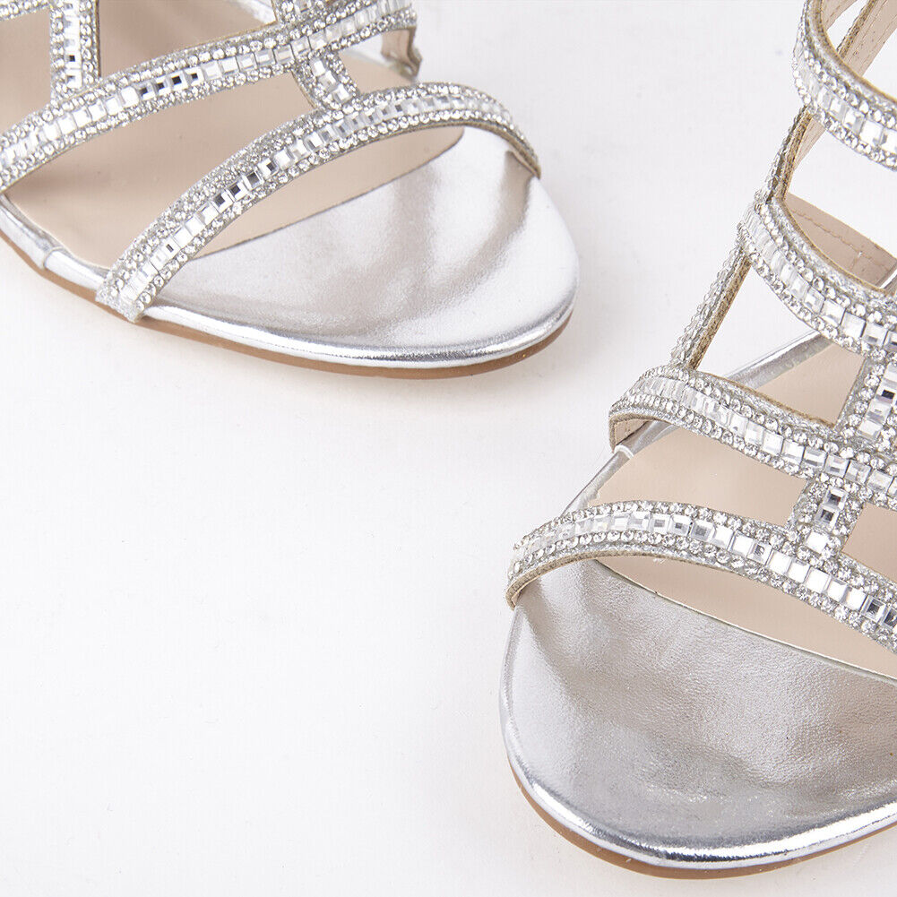 LADIES WOMENS DIAMANTE HIGH HEEL EVENING CUT OUT PEEP TOE SANDALS SHOES SIZE 