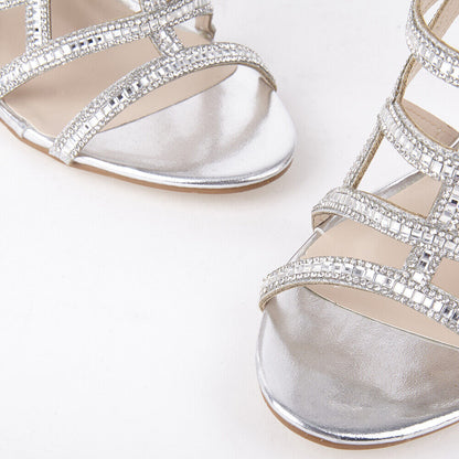 LADIES WOMENS DIAMANTE HIGH HEEL EVENING CUT OUT PEEP TOE SANDALS SHOES SIZE 