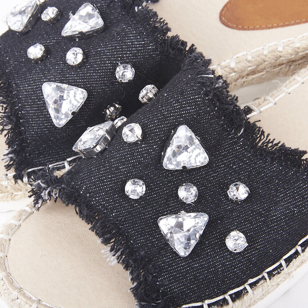 LADIES WOMENS FLAT ESPADRILLE SLIP ON DENIM DIAMANTE EMBELLISHED MULE SANDALS 