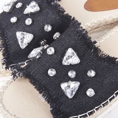 LADIES WOMENS FLAT ESPADRILLE SLIP ON DENIM DIAMANTE EMBELLISHED MULE SANDALS 