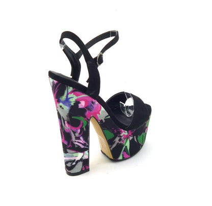 LADIES WOMENS PEEP TOE BLOCK HEEL FLORAL PRINT SUMMER EVENING SANDALS SHOES SIZE