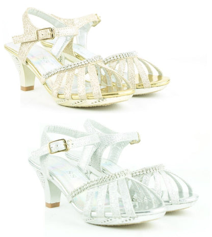 GIRLS KIDS LOW HEEL DIAMANTE WEDDING PARTY BRIDES MAID SANDALS