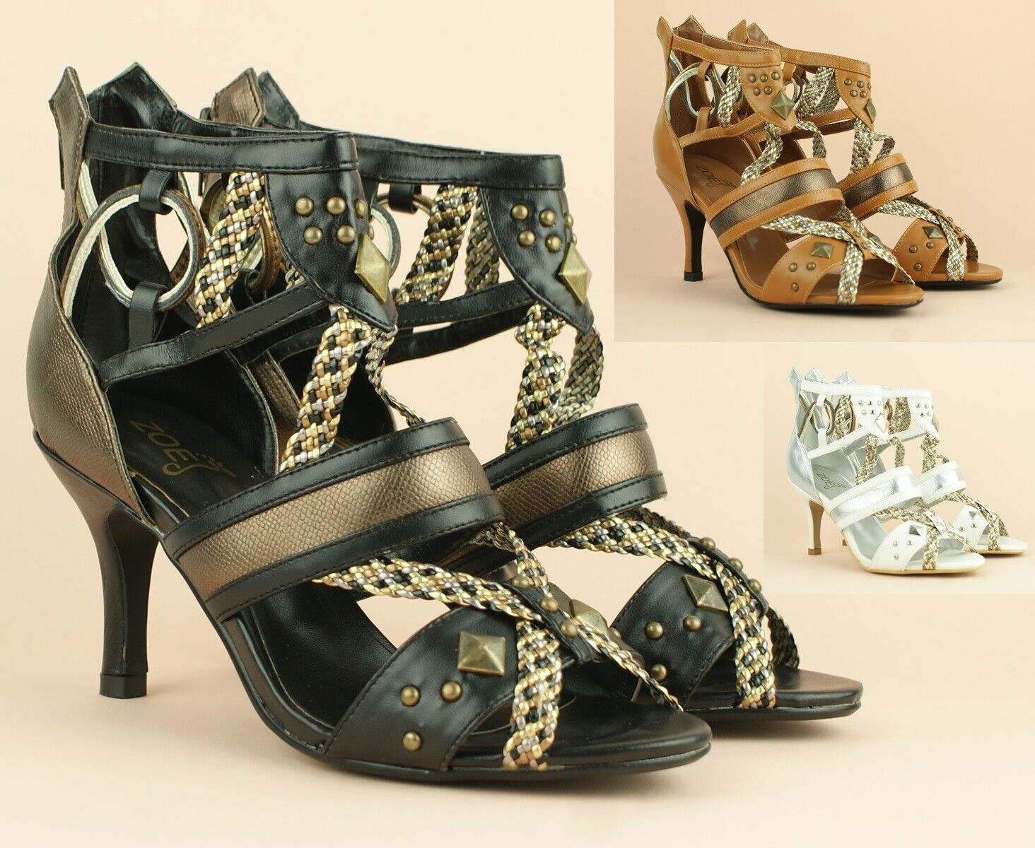 LADIES WOMENS MID HEEL GLADIATOR ZIP UP PEEP TOE STRAP SUMMER SANDALS Shuzee